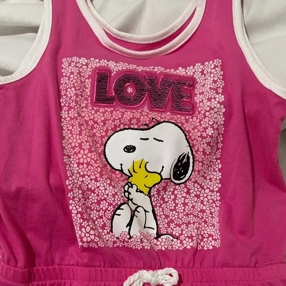 365 Kids 7 Pink Snoopy hot pink sequined Love Romper elastic waist bow detail